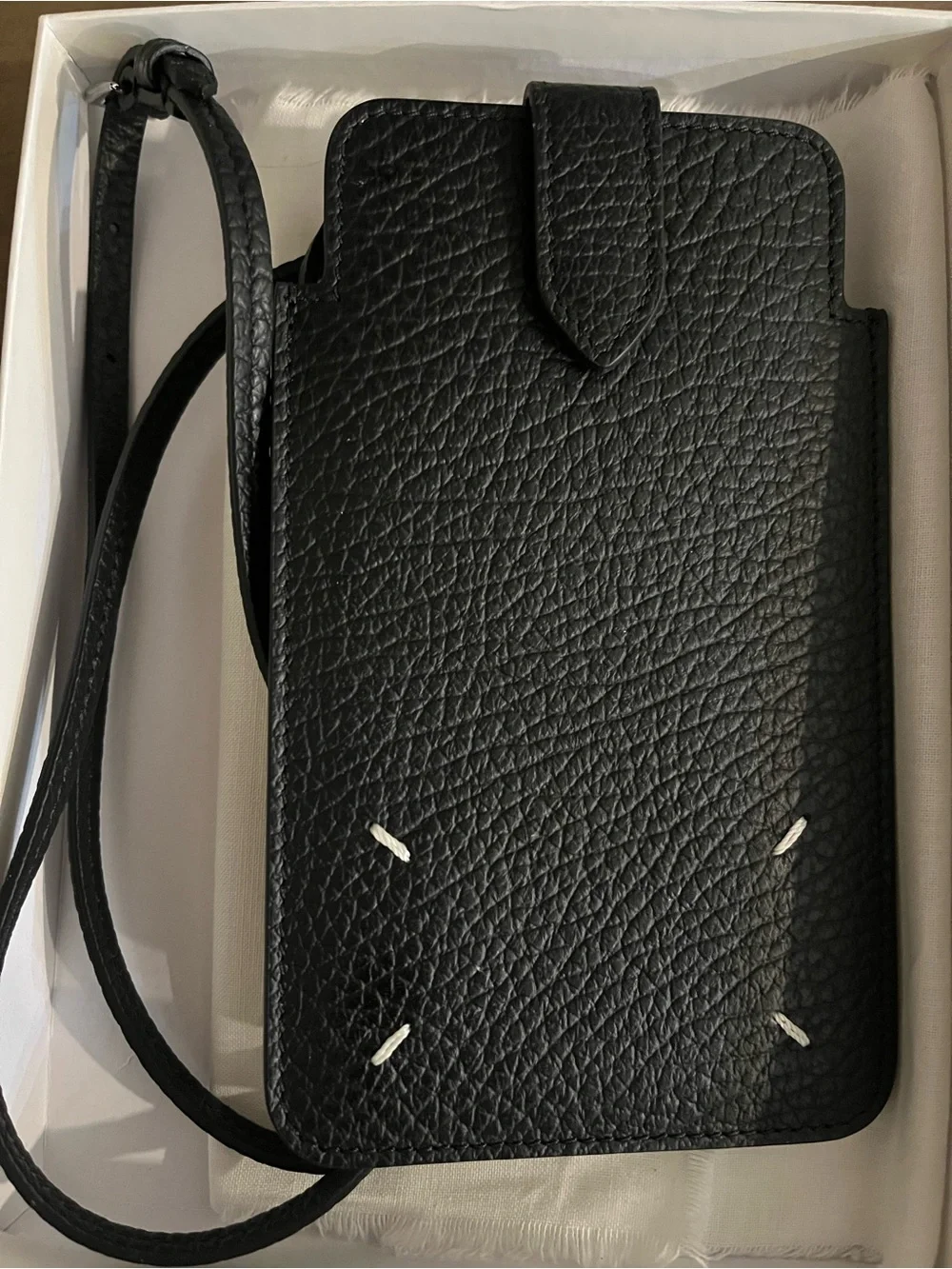 Maison Martin Margiela Black Pebbled Leather Crossbody Phone Pouch